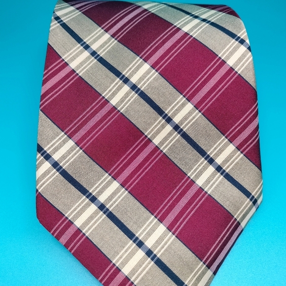 Tommy Hilfiger Red and Cream Plaid Checks Italian Silk Tie Necktie Traditional - Picture 11 of 12